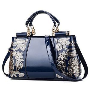 Elegant Shiny Patent Pu Textured Handbags Embroidery Crossbody Bags Fashion
